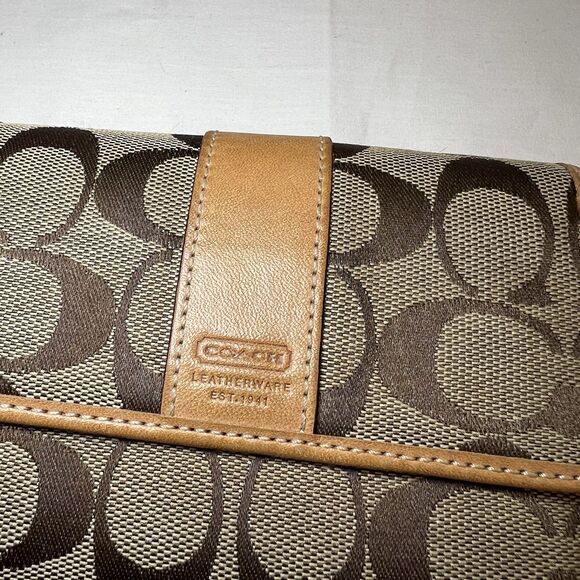 Coach Signature TriFold Wallet Monogram Logo Canvas Leather Jacquard Vintage Y2K - Picture 2 of 11